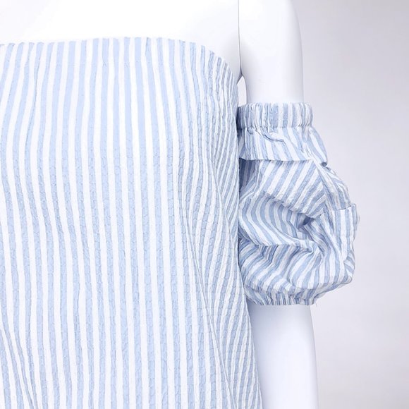 Rampage Striped Seersucker Tunic Mini Dress with Puff Ruffle Sleeves - Picture 2 of 5